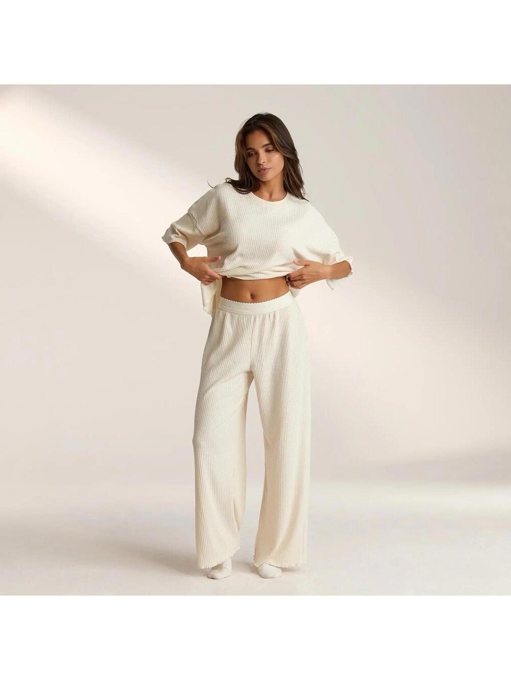 Lounge the Label Women’s Large Neutral Soft Waffle Knit Wide Leg Pajama Pants